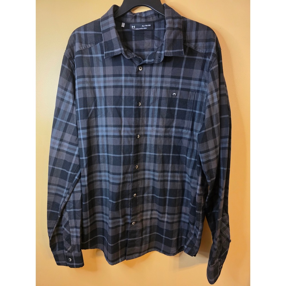 Under Armour Mens XL Fitted Plaid Button Down Shirt Grey Black Long Sleeve UA